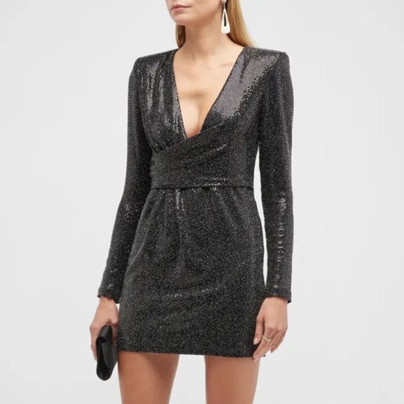 Ramy Brook Dresses & Skirts - Ramy Brook Esme Black Metallic Long-Sleeve Crossover V-Neck Mini Dress NWT Sz 8